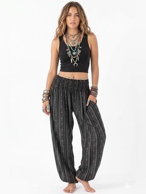 Lotus & Luna Wide-Leg Smocked-Waist Harem Pants